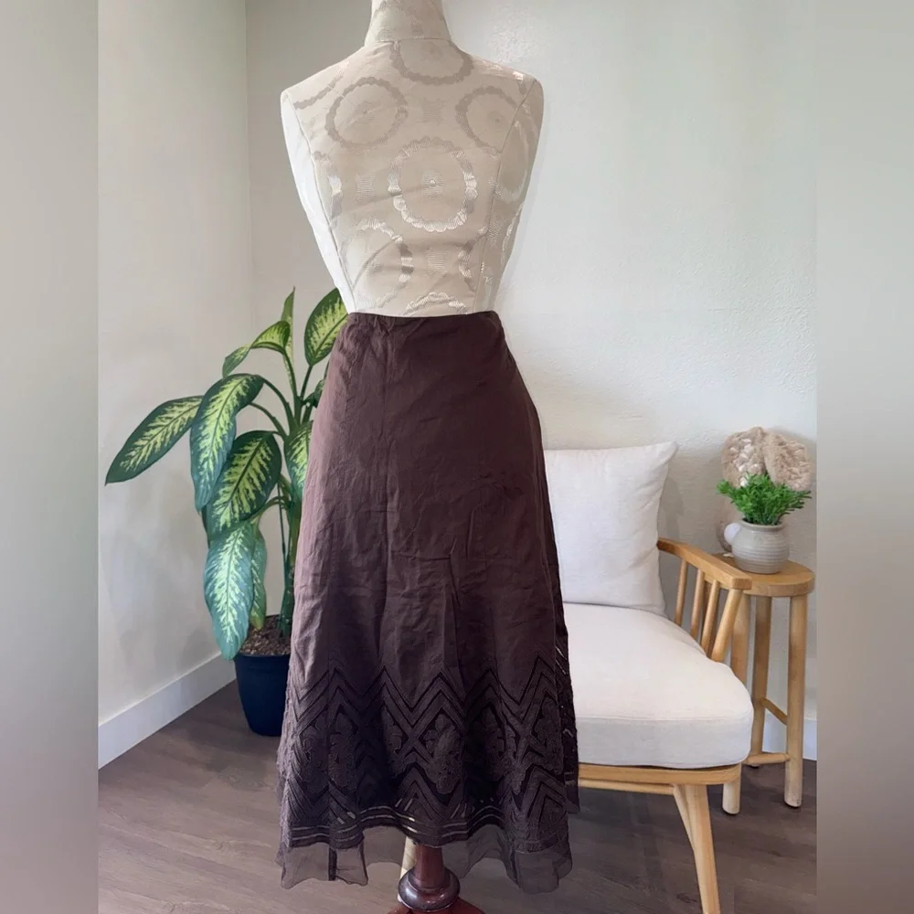 Nine West Boho A-Lined 100% Cotton Brown Embroidered Geometric Long Skirt Sz 2